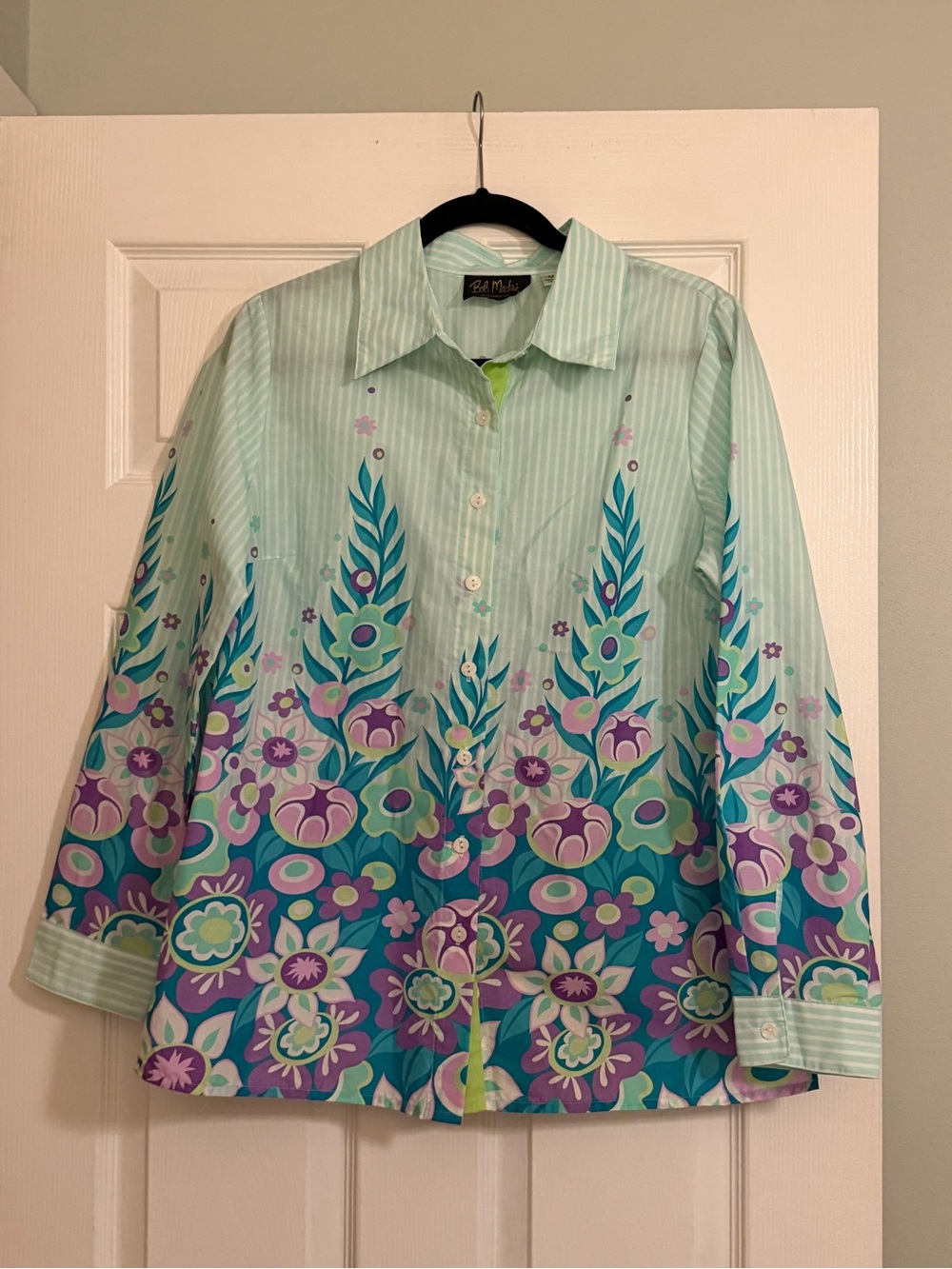 Bob Mackie Wearable Art Floral Button-Down Shirt - Mint & Purple